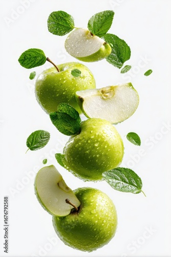 Green apples and mint leaves suspended in mid-air, sliced and whole, with water droplets