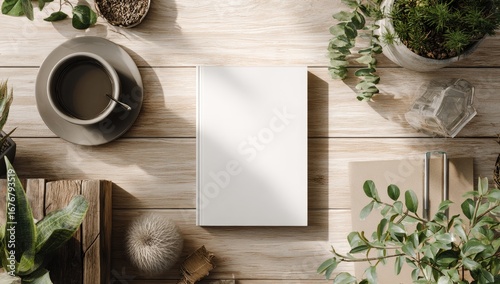 Blank book on wooden table, surrounded by plants and objects