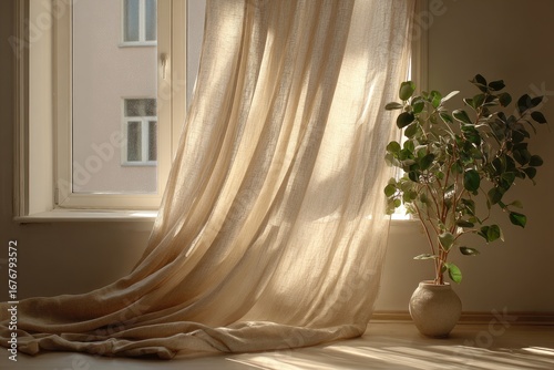 Soft beige linen curtains billowing in sunlight, highlighting a potted plant by a window