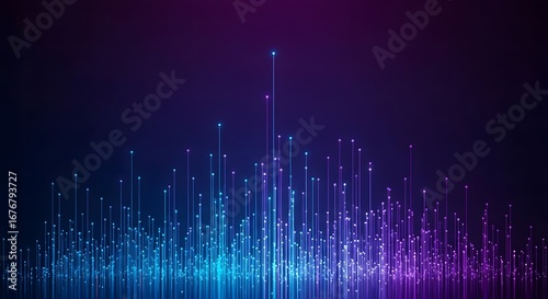 Abstract digital sound waveform with vibrant blue and purple neon glow on a dark background
