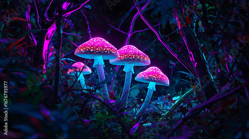 Bioluminescent mushrooms glowing with vibrant pink and blue light in a dark, magical forest at night.