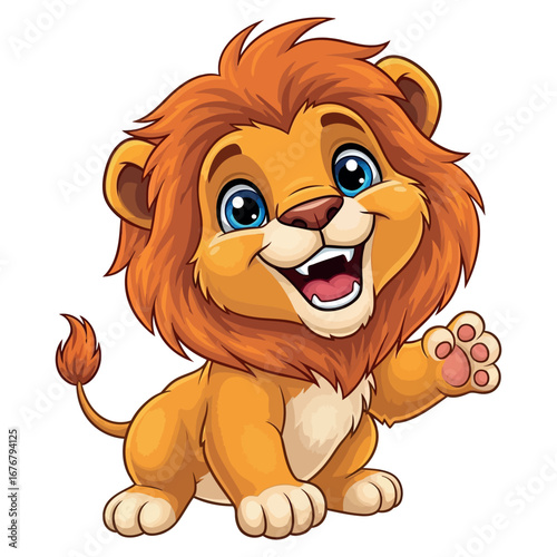 Cute cartoon lion cub waving hello friendly big cat with mane and blue eyes adorable animal character vector