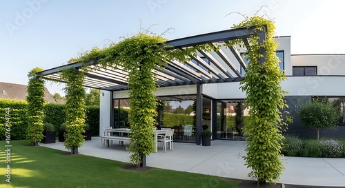 Modern pergola with climbing plants in a backyard setting.