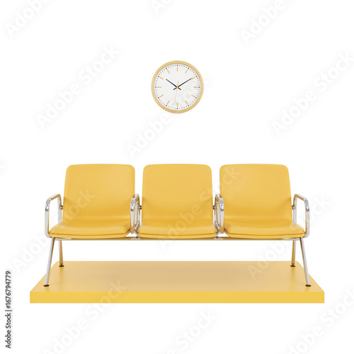 Minimalist waiting area featuring retro yellow chairs and a classic clock on clean background