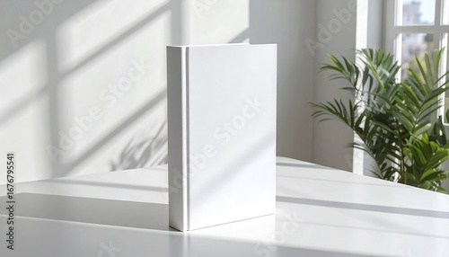 A clean mockup of a blank white hardcover book standing on a table, illuminated by natural window light creating soft shadows