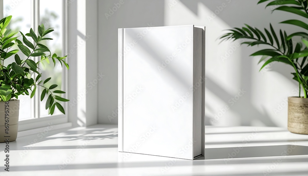 custom made wallpaper toronto digitalA blank white hardcover book stands on a sunlit windowsill, a perfect mockup template surrounded by green house plants