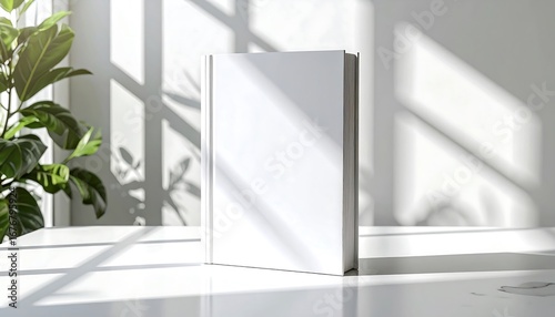 A blank hardcover book with a white cover stands on a table, creating a perfect mockup template in a room with natural sunlight and plant shadows