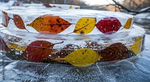 Frozen leaves in ice art nature photography winter season cold weather outdoor creative design autumn colors