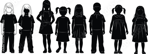Silhouette of Diverse Children Standing in Line Isolated on White Background for Educational, Community, and Social Concept IllustrationSilhouette of Diverse Children Standing in 