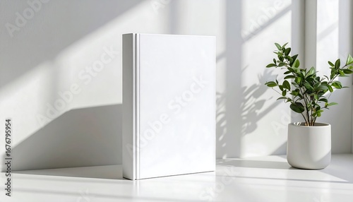 Blank white book standing upright with a potted plant and dappled light casting shadows