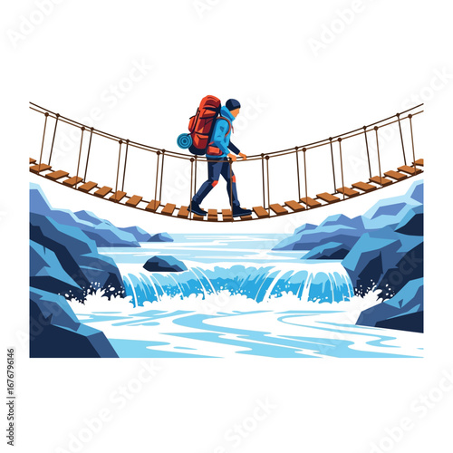 The Adventurer's Crossing: An illustration capturing a bold trekker traversing a suspension bridge over a cascading river, signifying adventure, resilience, and pushing boundaries. 