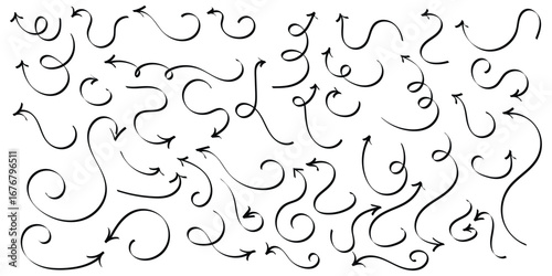Black hand drawing doodle arrow on isolated white background. Different shapes hand drawn arrow set. Pointing vector design drawn. Isolated curved vector doodle icon set. 