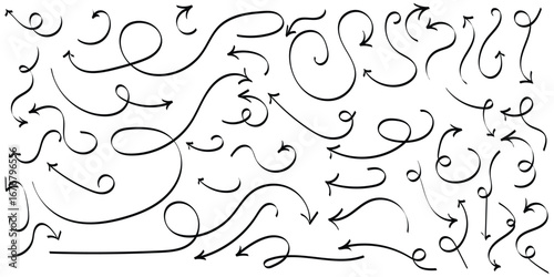 Black hand drawing doodle arrow on isolated white background. Different shapes hand drawn arrow set. Pointing vector design drawn. Isolated curved vector doodle icon set. 