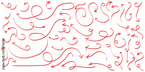 Red isolated hand drawn curved arrow on white background. Different curved arrow icon set. Hand drawing doodle arrow set. EPS 10. 