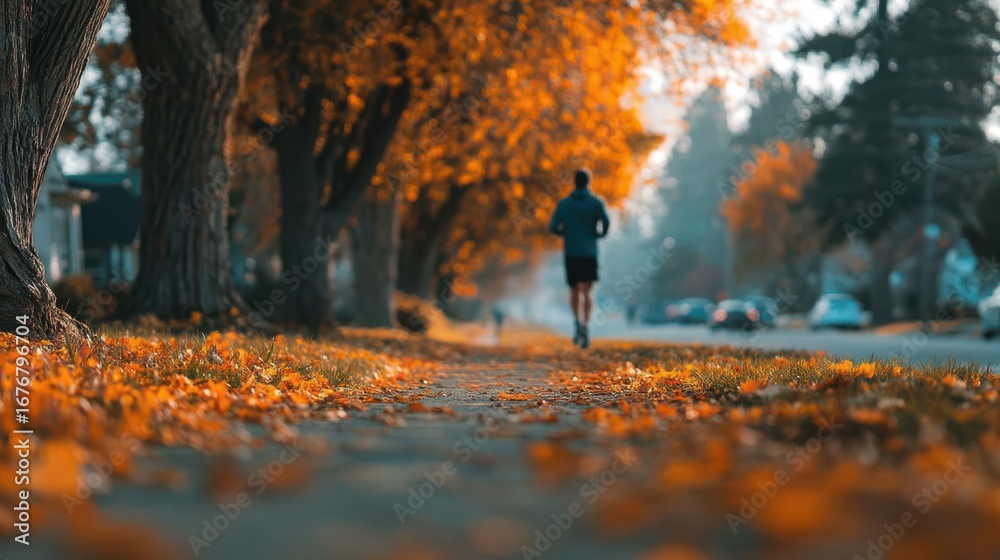 Obraz premium A jogger runs along a tree-lined street adorned with vibrant autumn leaves, creating a peaceful and picturesque scene.