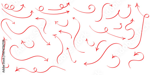 Red isolated hand drawn curved arrow on white background. Different curved arrow icon set. Hand drawing doodle arrow set. Vector arrow icon set. 