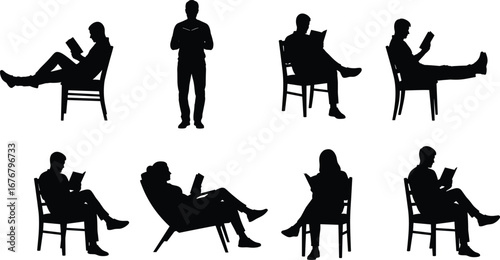 Silhouette of Men and Women Reading Books in Various Sitting and Standing Poses for Education, Relaxation, Literature, and Learning Concept