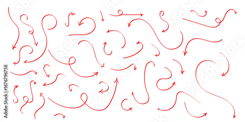 Red isolated hand drawn curved arrow on white background. Different curved arrow icon set. Hand drawing doodle arrow set. Vector arrow icon set. 