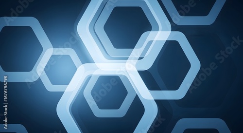 Abstract glowing blue hexagonal shapes create a futuristic and technological background pattern