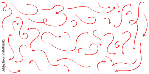 Red isolated hand drawn curved arrow on white background. Different curved arrow icon set. Hand drawing doodle arrow set. Vector arrow icon set. 