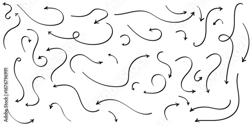 Black hand drawing doodle arrow on isolated white background. Different shapes hand drawn arrow set.  Isolated curved vector doodle icon set. Curved isolated curved navigation arrow. 