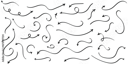 Black hand drawing doodle arrow on isolated white background. Different shapes hand drawn arrow set. Pointing vector design drawn. Isolated curved vector doodle icon set. EPS 10. 