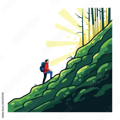 Conquer the Path: A determined hiker ascends a steep, verdant hillside towards the sunlight of the horizon, embracing the thrill of the adventure.