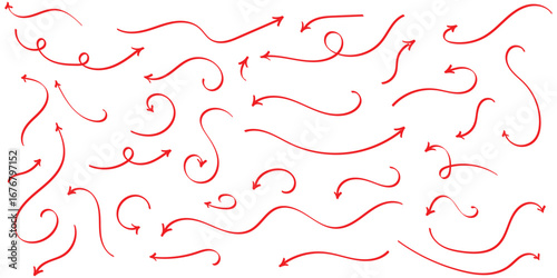 Red isolated hand drawn curved arrow on white background. Different curved arrow icon set. Hand drawing doodle arrow set. Vector arrow icon set. 