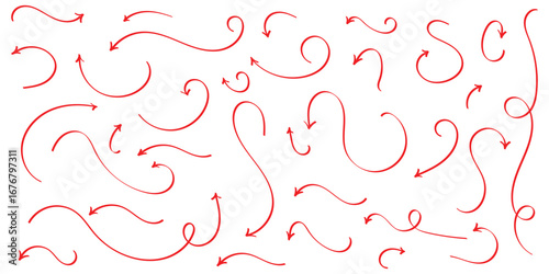 Red isolated hand drawn curved arrow on white background. Different curved arrow icon set. Hand drawing doodle arrow set. EPS 10. 
