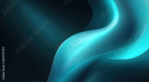 Teal, flowing, abstract form against a dark background.  A smooth, light teal curve undulates gracefully, creating a sense of motion. Soft light highlights the shape