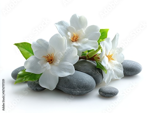 Three delicate white flowers rest atop smooth gray stones, set against a bright white background.  Soft focus highlights the petals and leaves