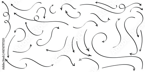 Black hand drawing doodle arrow on isolated white background. Different shapes hand drawn arrow set. Pointing vector design drawn. Isolated curved vector doodle icon set. EPS 10. 