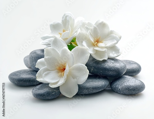 Delicate white flowers rest on smooth dark stones