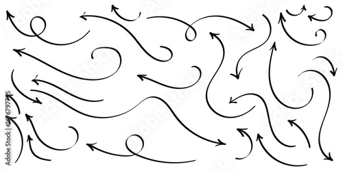 Black hand drawing doodle arrow on isolated white background. Different shapes hand drawn arrow set. Pointing vector design drawn. EPS 10. 
