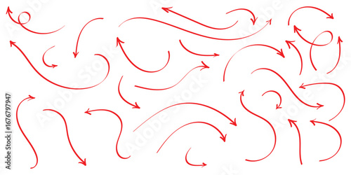 Red hand drawing doodle arrow on isolated white background. Different shapes hand drawn arrow set. Pointing vector design drawn. Isolated curved vector doodle icon set. EPS 10. 