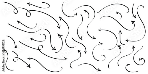 Black hand drawing doodle arrow on isolated white background. Different shapes hand drawn arrow set. Pointing vector design drawn. EPS 10. 