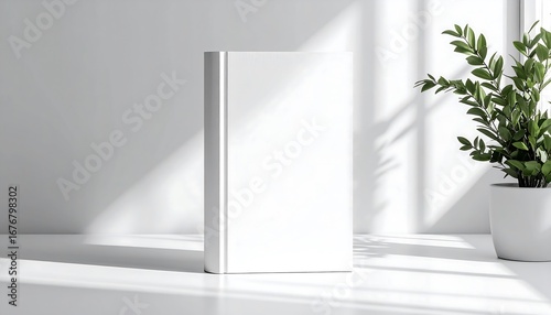 A clean, blank hardcover book mockup stands upright in a minimalist room, bathed in natural sunlight with strong shadows from a window