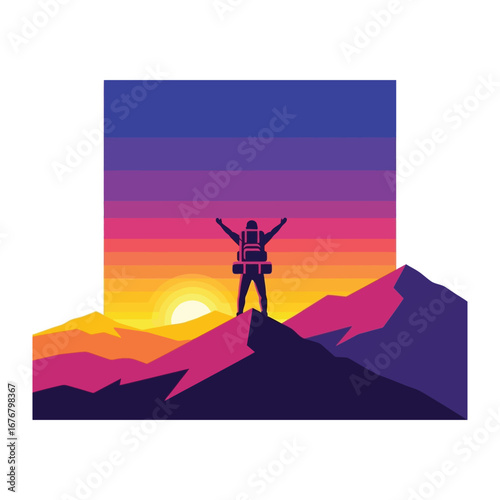 Reach for the Summit: Silhouette of a triumphant adventurer atop a mountain peak against a stunning sunset, symbolizing ambition and overcoming challenges.