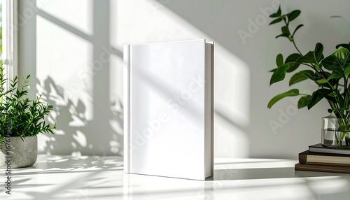 Blank white hardcover book mockup standing upright on a sunlit desk, surrounded by plants and natural light for a clean presentation