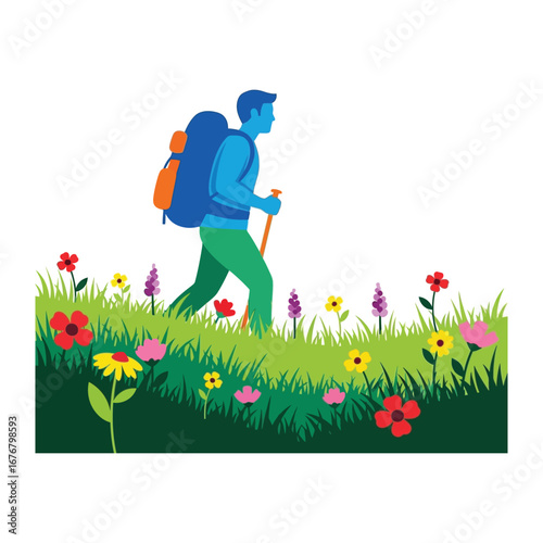 Adventure in bloom: a solo trekker embarks on a journey through a vibrant meadow, the silhouette of a person embracing nature's embrace.