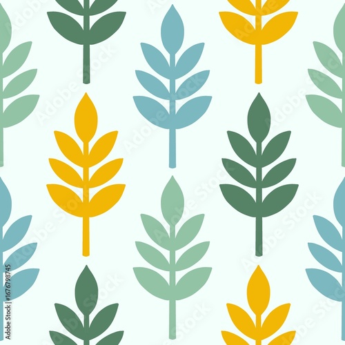 Minimal Leaf Seamless Pattern in Blue, Yellow, and Green – Scandinavian Style  