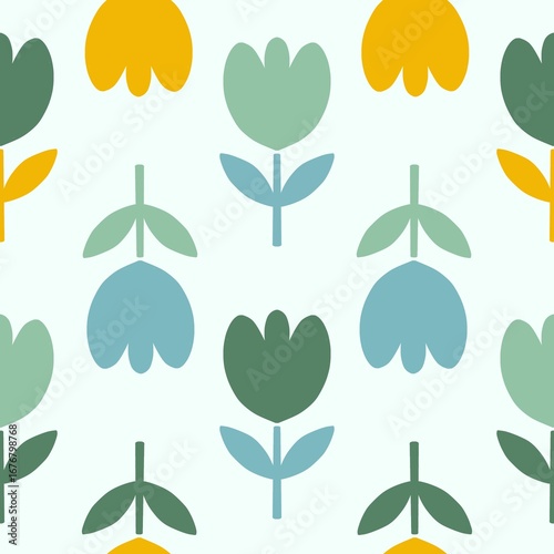 Scandinavian Leaf and Tulip Pattern Seamless Design in Green, Blue, and Yellow 