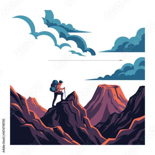 Summit's View: An adventurer stands triumphant atop a craggy peak, gazing upon a breathtaking vista of towering mountain ranges.