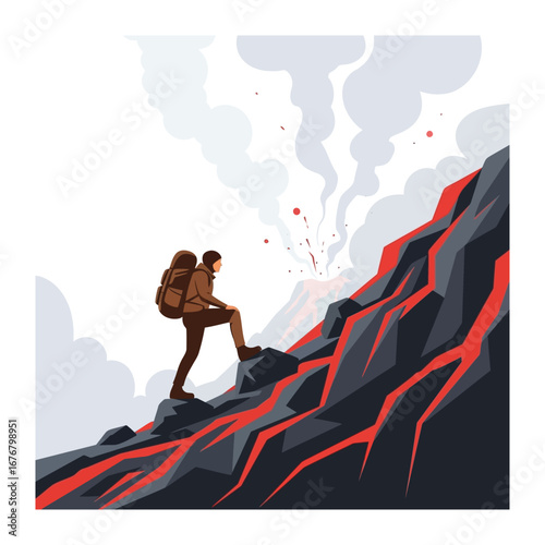 Explorer's Ascent: A determined hiker ascends a fiery volcanic slope, facing the raw power of nature with courage and resolve.