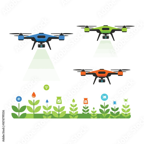 Aerial Precision: A vibrant illustration showcases three high-tech drones performing precision agriculture tasks, enhancing agricultural productivity with innovative technology