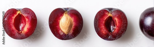 Close-up of four halved plums, arranged horizontally, with a light background.  The plums are deep red-purple, showing the light-tan pit/stone inside each half