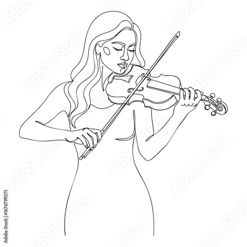 Elegant woman playing violin detailed line art illustration in black and white