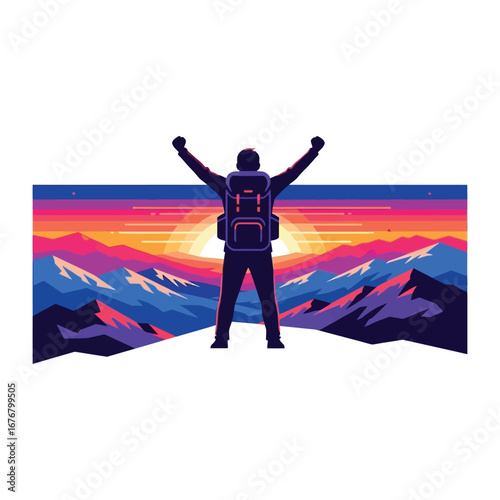 Summit Victory: A silhouette of a triumphant hiker with raised arms against a vibrant sunset over majestic mountain peaks.