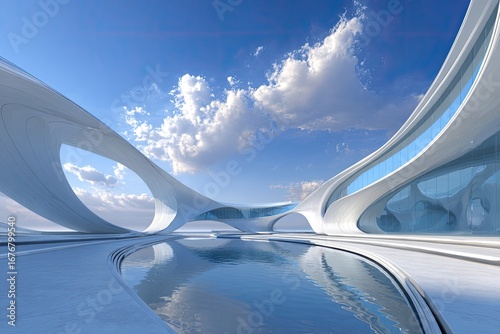 A futuristic, white architectural complex reflecting a serene sky