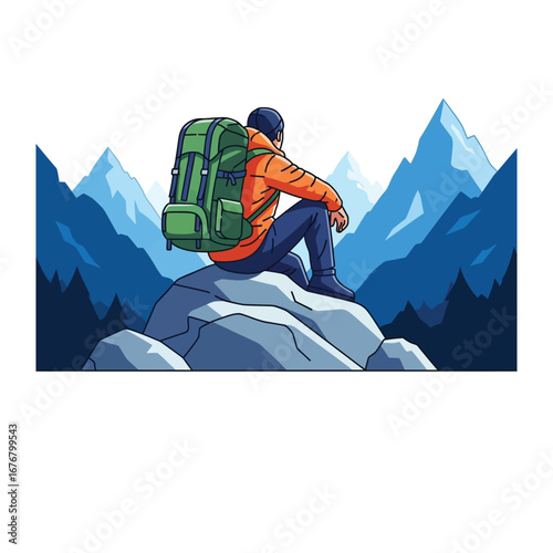 Adventure's Embrace: A solitary figure, seated atop a rocky precipice, drinks in the grandeur of a mountain vista, the very essence of adventure.